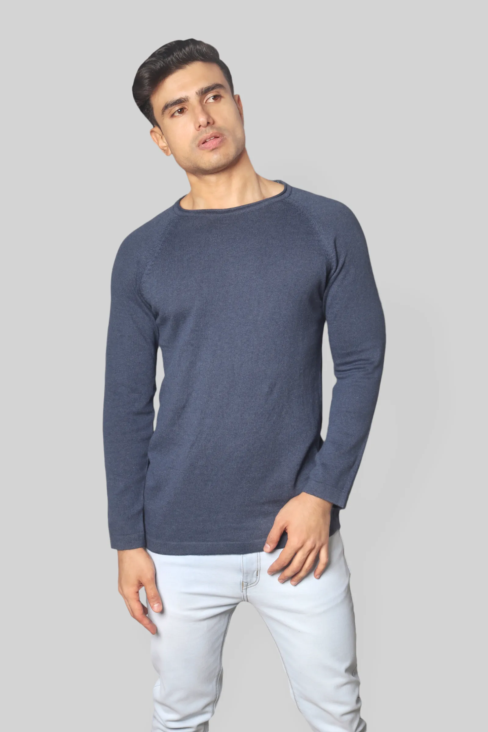 Airforce Blue Flat Knit Rough neck Full Sleeve T-shirt