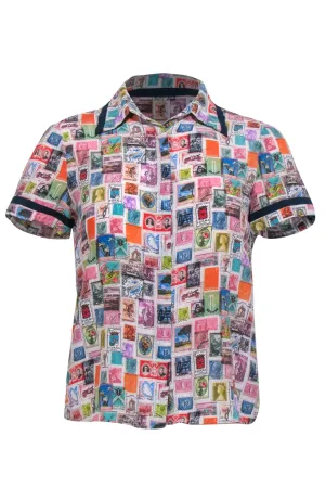Alice & Olivia - Multicolor Stamp Print Short Sleeve Button-Up Sz XS