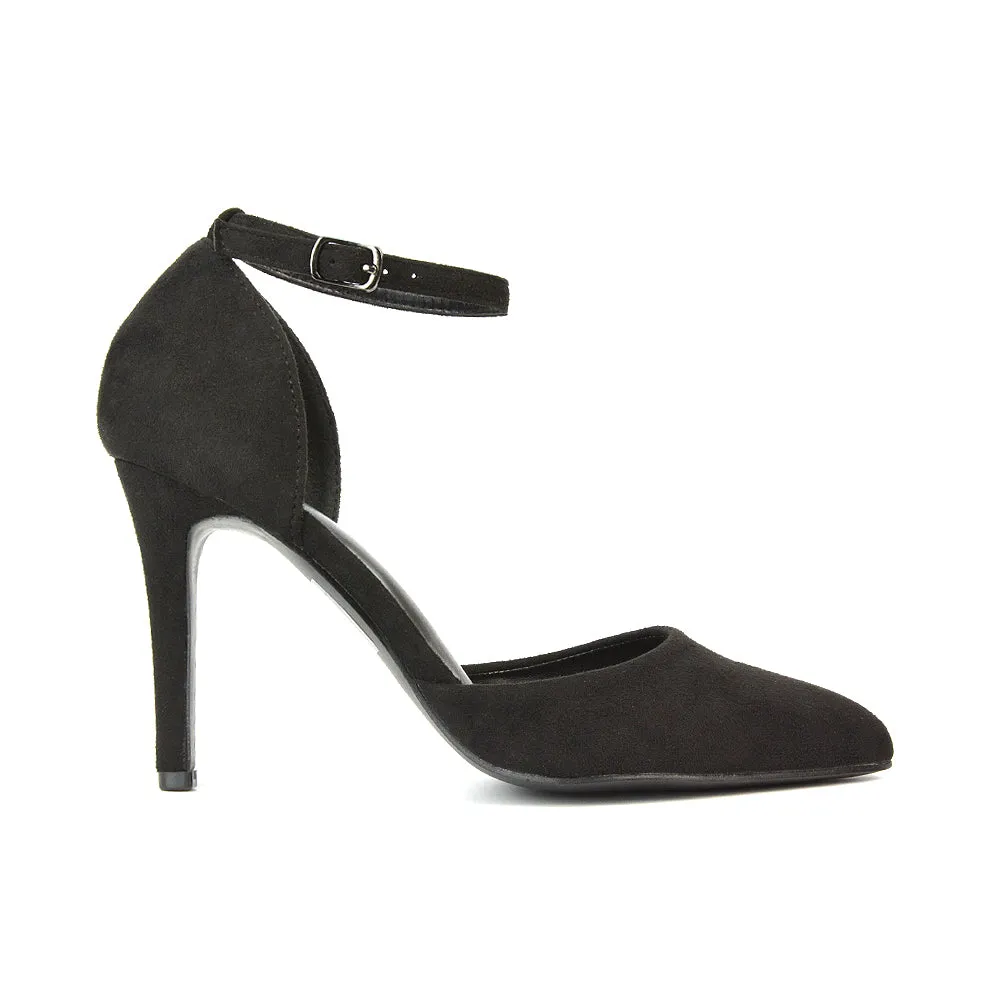 Ami High Heel Stilettos Pointed Toe Strappy Court Shoes in Black Faux Suede