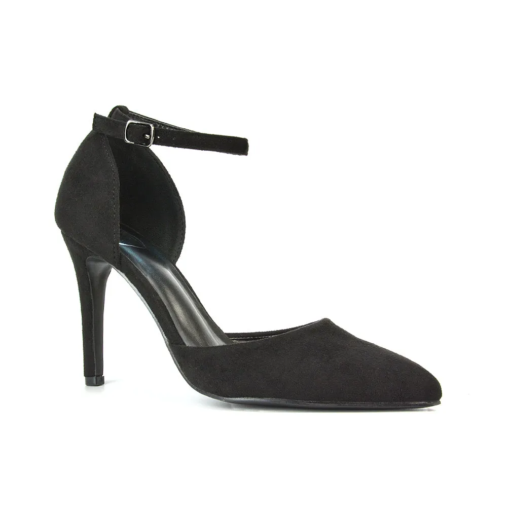 Ami High Heel Stilettos Pointed Toe Strappy Court Shoes in Black Faux Suede