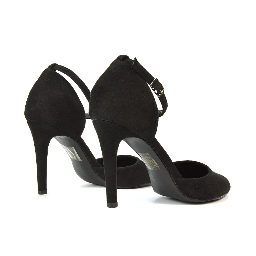 Ami High Heel Stilettos Pointed Toe Strappy Court Shoes in Black Faux Suede