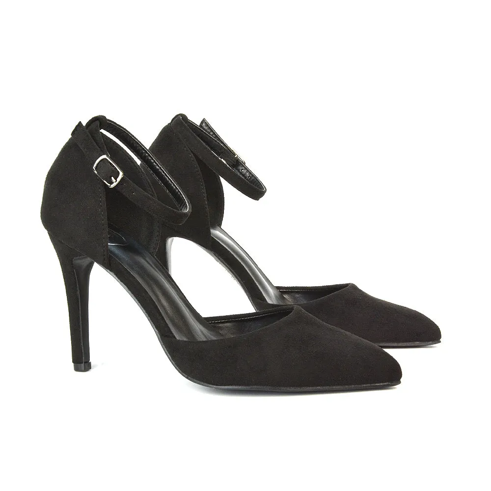 Ami High Heel Stilettos Pointed Toe Strappy Court Shoes in Black Faux Suede