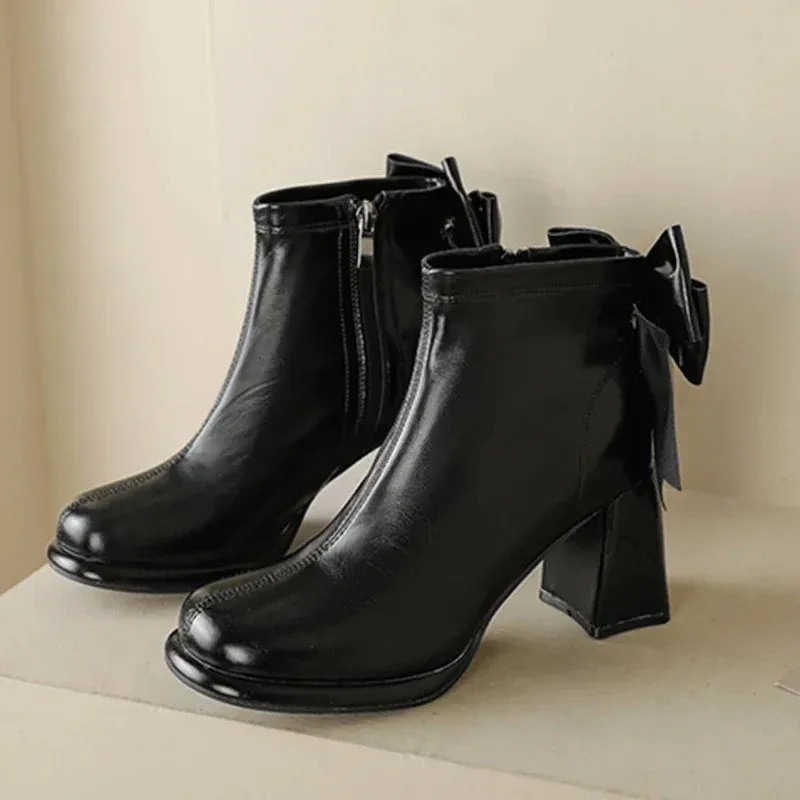 Amozae-Platform High Heels Ankle Boots for Women Bowtie Pumps Winter Short Boot Ladies Casual Punk Party Shoe Chunky Heel Chelsea Botas
