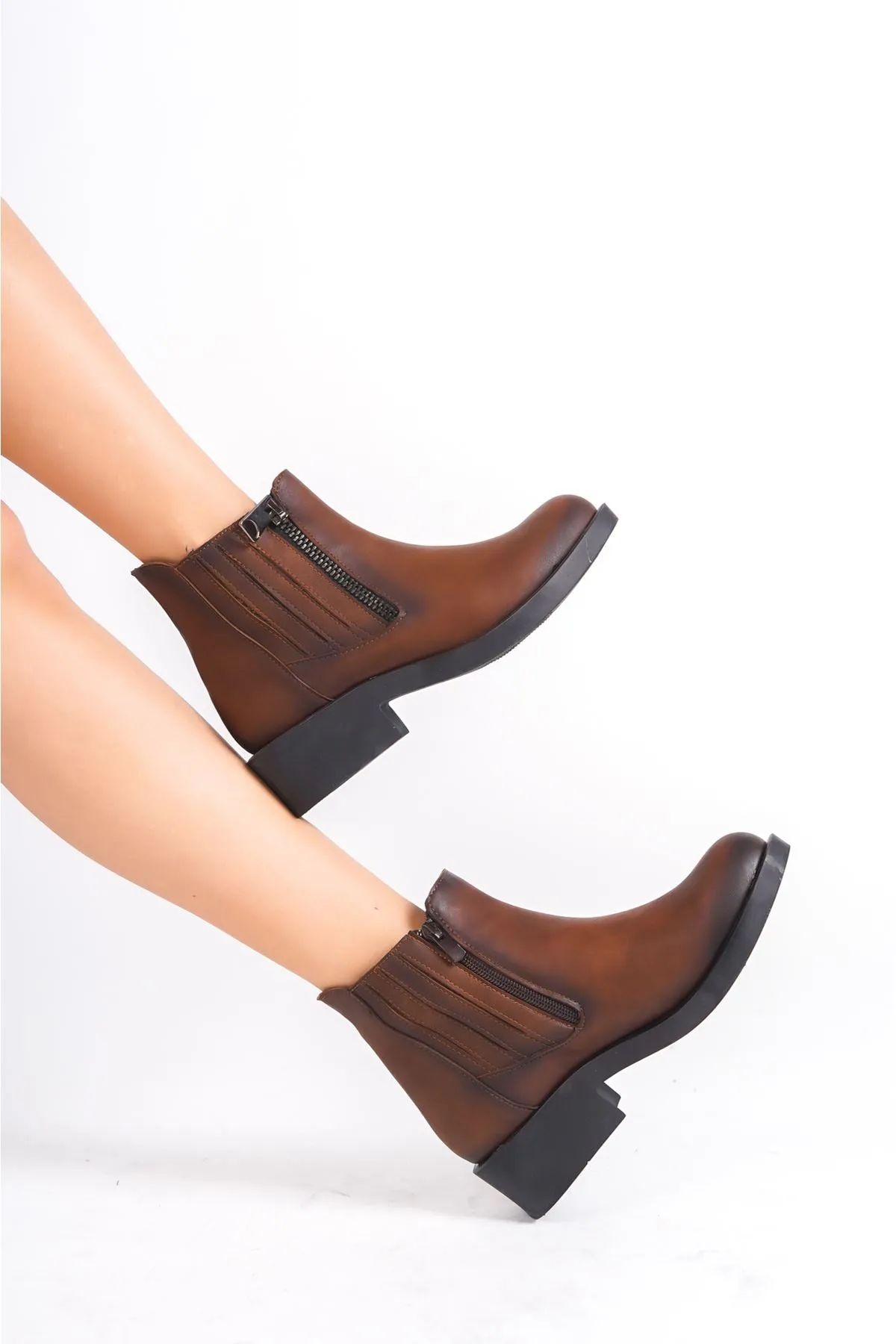 Ayam Women's Tan Zipper Detailed Ankle Boots