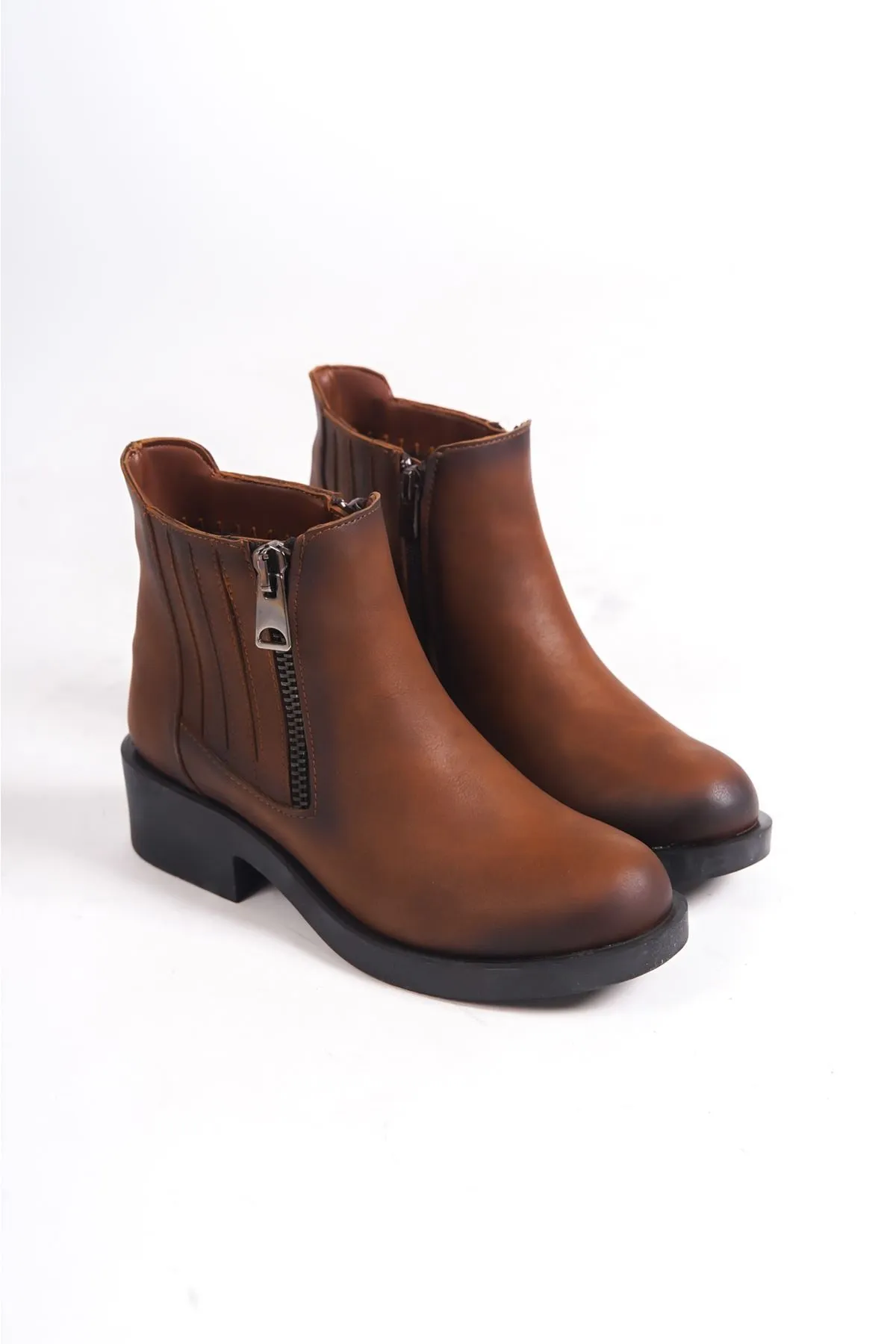 Ayam Women's Tan Zipper Detailed Ankle Boots