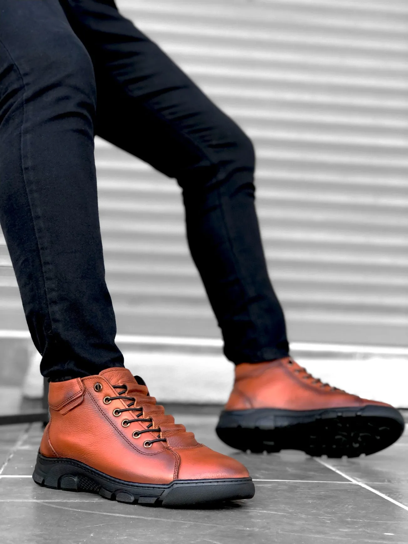 BA0213 Hidden Lace-Up Genuine Leather Tobacco Men's Half Ankle Boots