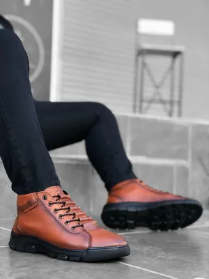 BA0213 Hidden Lace-Up Genuine Leather Tobacco Men's Half Ankle Boots