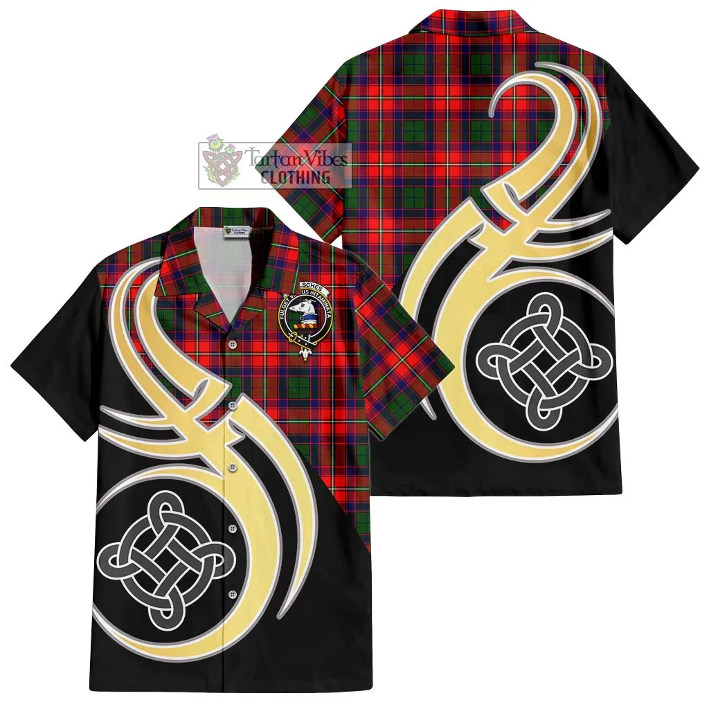 Belsches Tartan Short Sleeve Button Shirt with Family Crest and Celtic Symbol Style