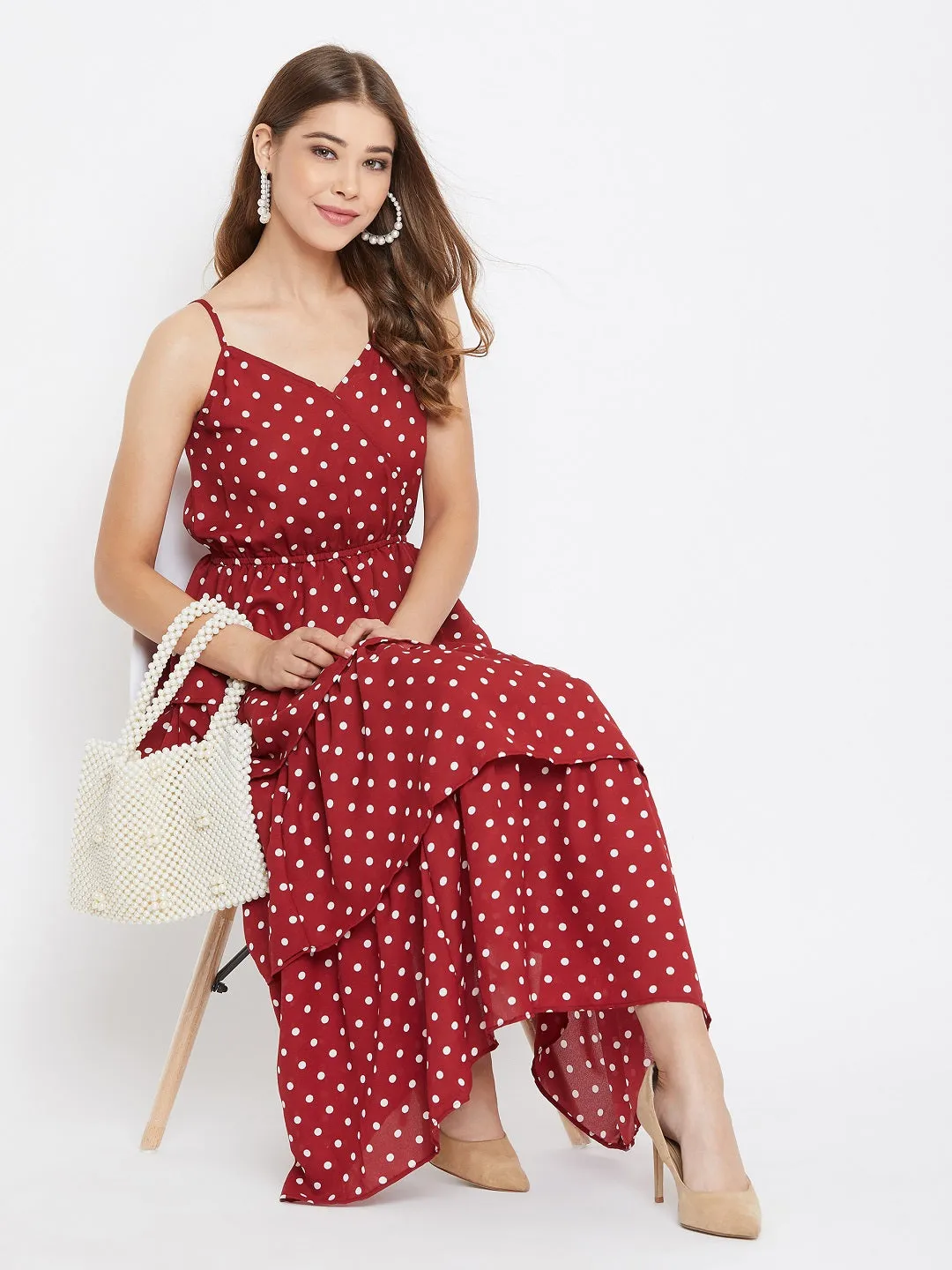 Berrylush Women Red Polka Dot Printed V-Neck Tiered Fit & Flare Midi Dress