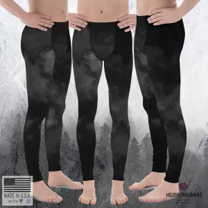 Black Abstract Men's Leggings, Run Tights Elastic Fitted Pants Meggings - Made in USA/EU