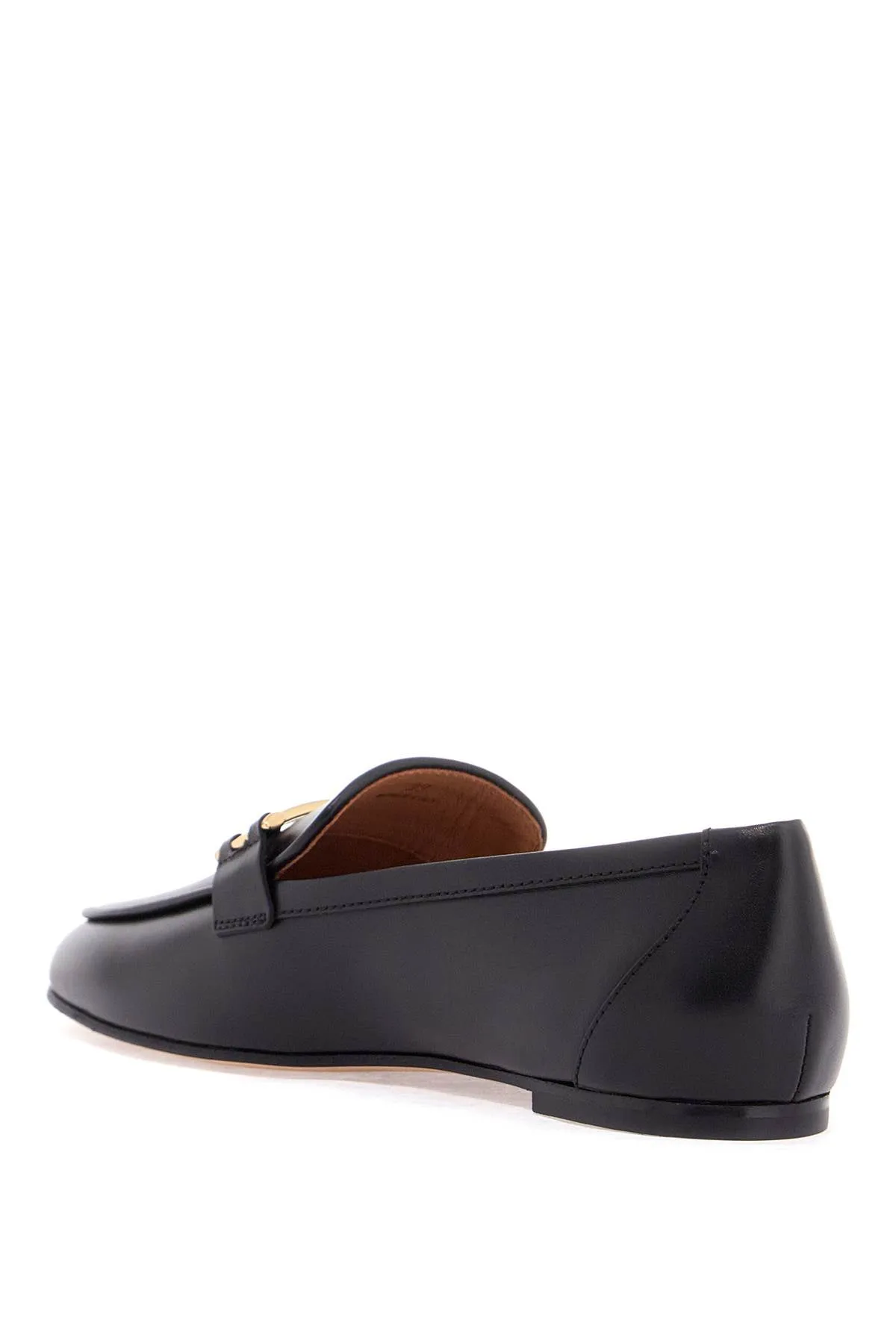 black calfskin womens loafers with metallic band