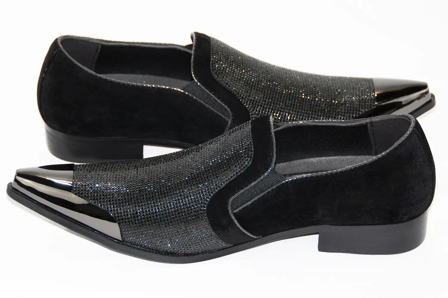 Black Velvet & Rhinestone Smoking Loafers With Metal Tip