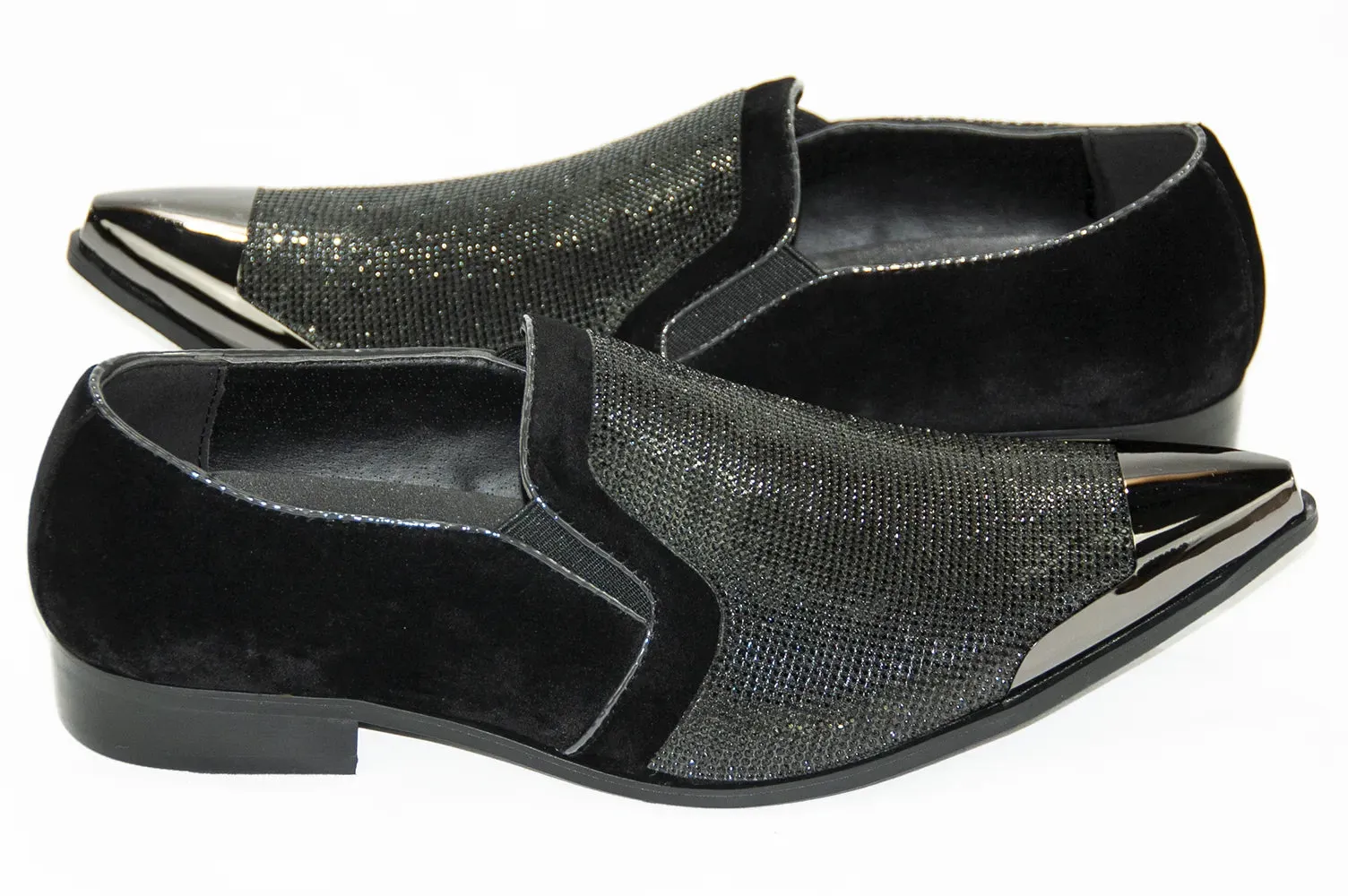 Black Velvet & Rhinestone Smoking Loafers With Metal Tip