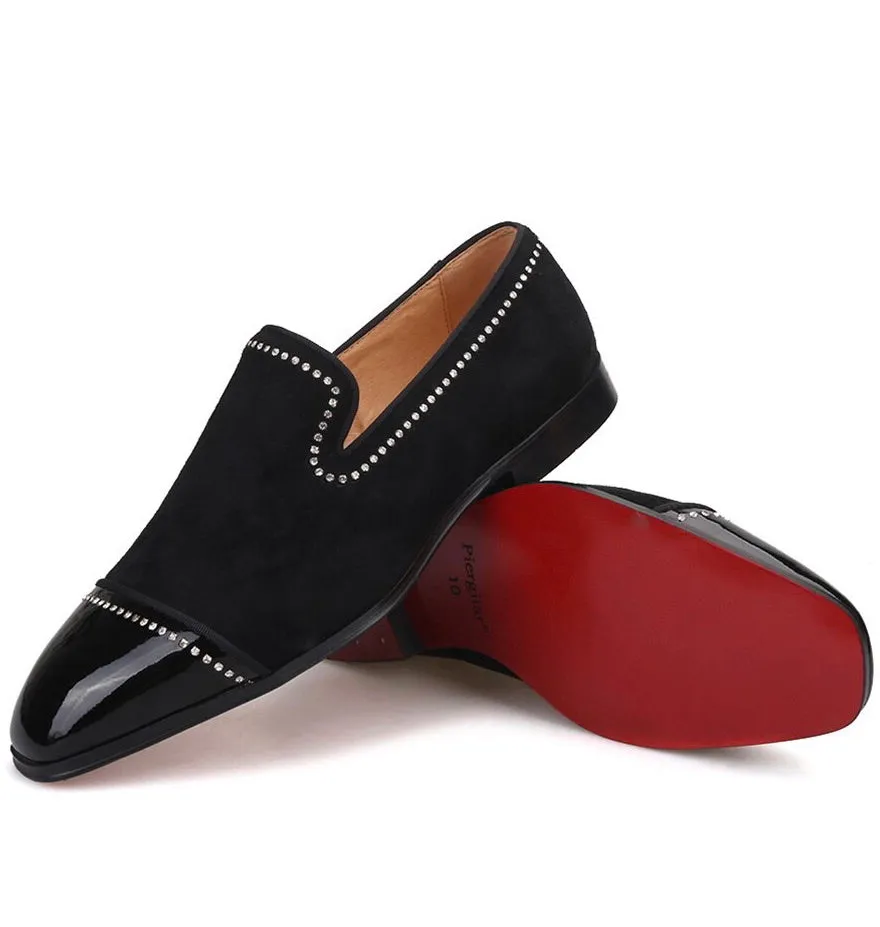 Black Velvet and Patent Leather Crystal Line Loafers