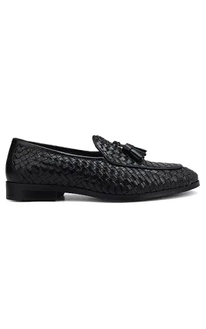 Black Woven Leather Loafers With Tassels
