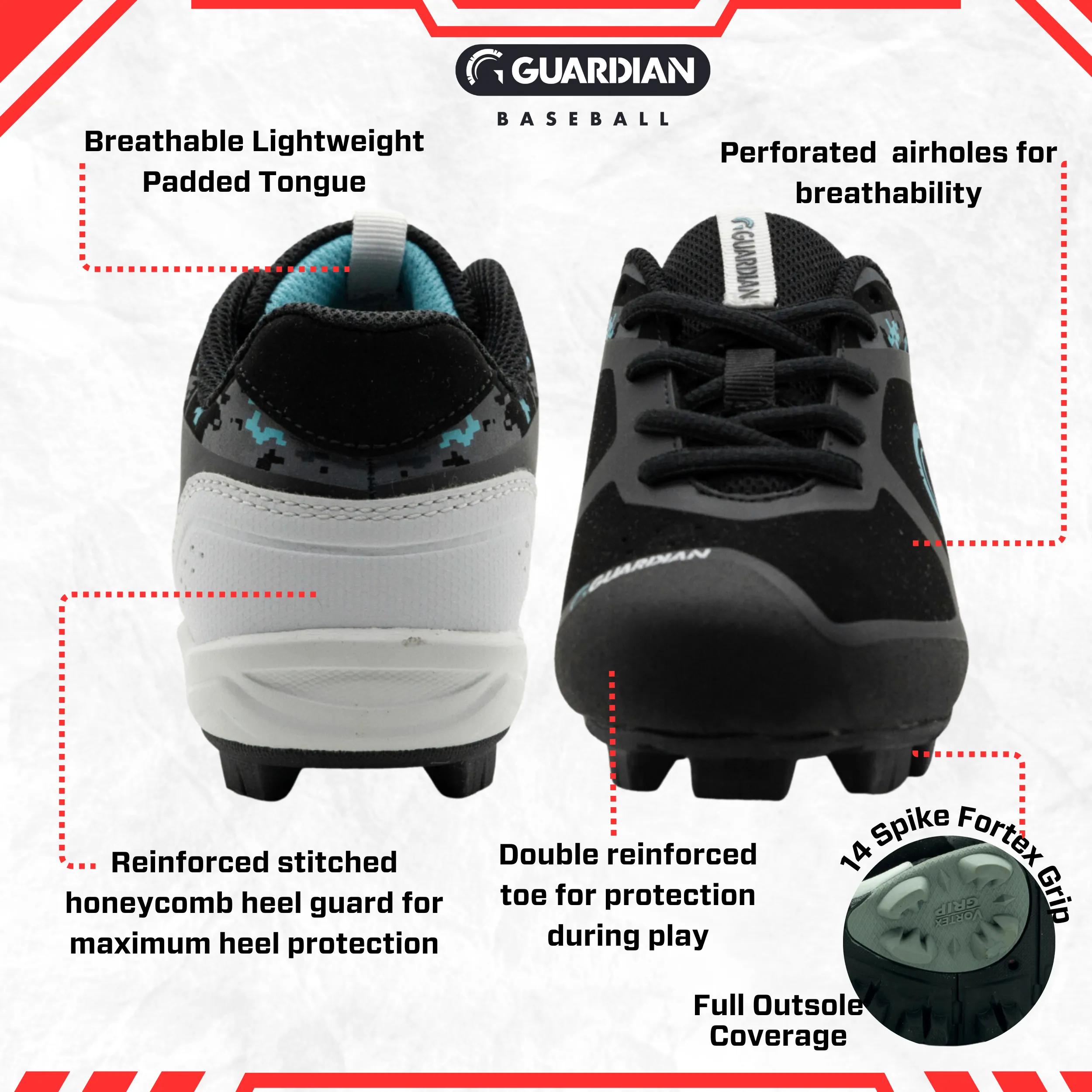 Blaze Youth Low Top Rubber Molded Baseball and Softball Cleats (Black/Tiffany Mint)