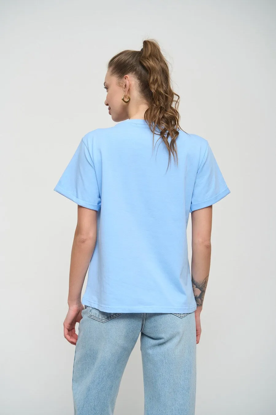 Blue Oversized Roll Up Sleeve T-Shirt