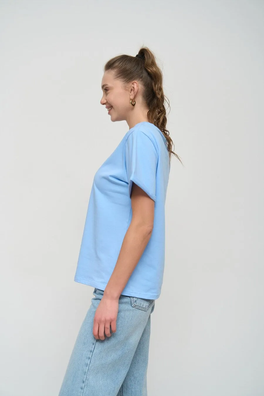 Blue Oversized Roll Up Sleeve T-Shirt