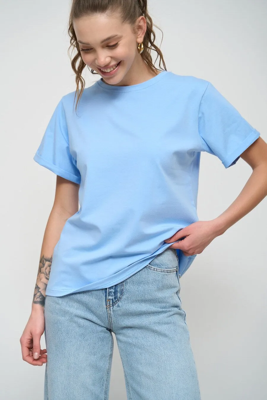 Blue Oversized Roll Up Sleeve T-Shirt