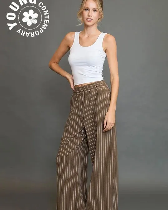 Brown Pull On Striped Elastic Waist Wide Straight Leg Pant