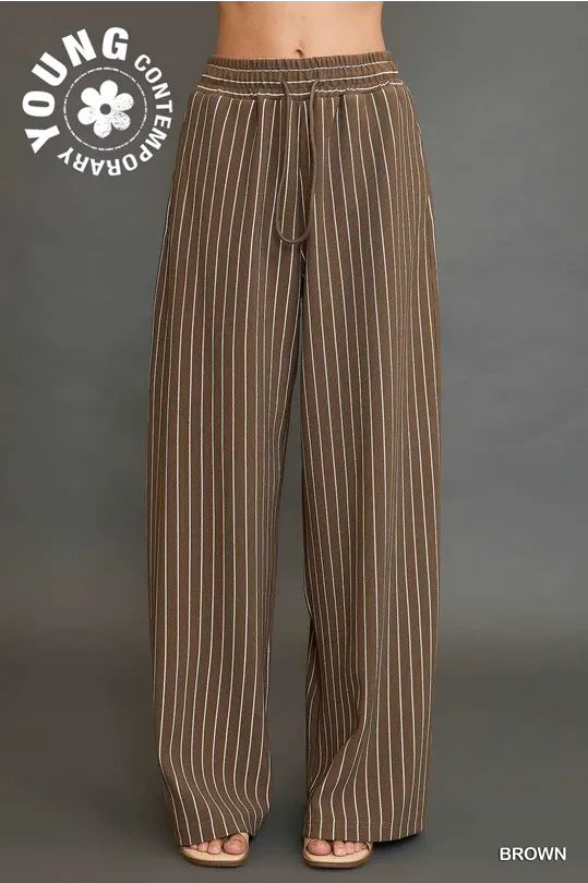 Brown Pull On Striped Elastic Waist Wide Straight Leg Pant
