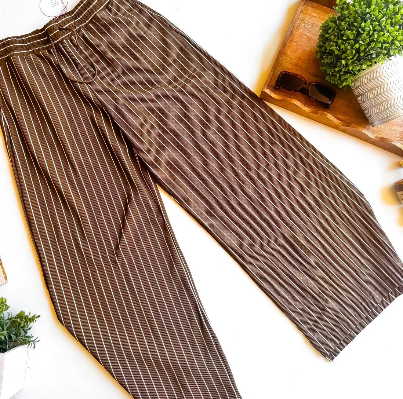 Brown Pull On Striped Elastic Waist Wide Straight Leg Pant