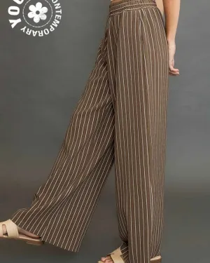Brown Pull On Striped Elastic Waist Wide Straight Leg Pant
