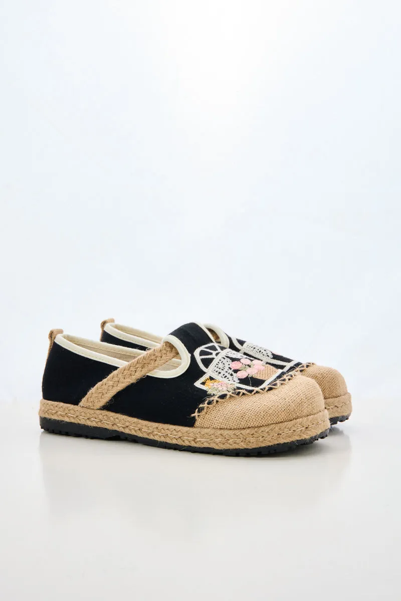 Cactus Rose | Kelilah Embroidered Linen Loafer - Black