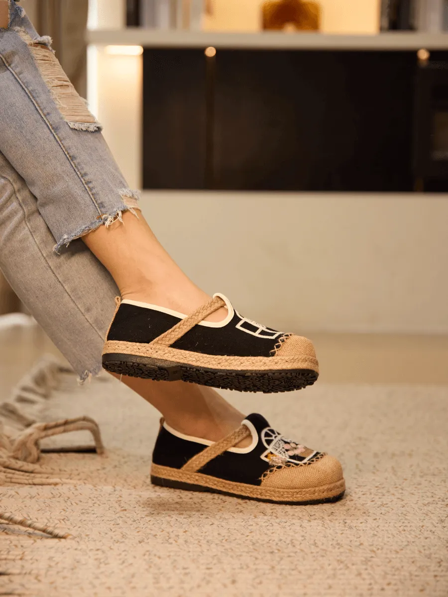 Cactus Rose | Kelilah Embroidered Linen Loafer - Black