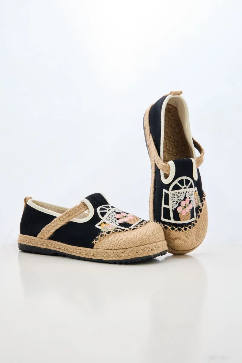Cactus Rose | Kelilah Embroidered Linen Loafer - Black