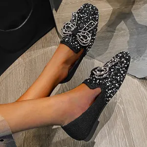 Cilool Crystal Bow Flat Breathable Loafers