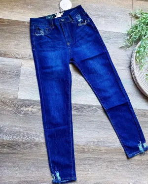 Dark Wash Tapered Denim Jeans with Distressed Ankle
