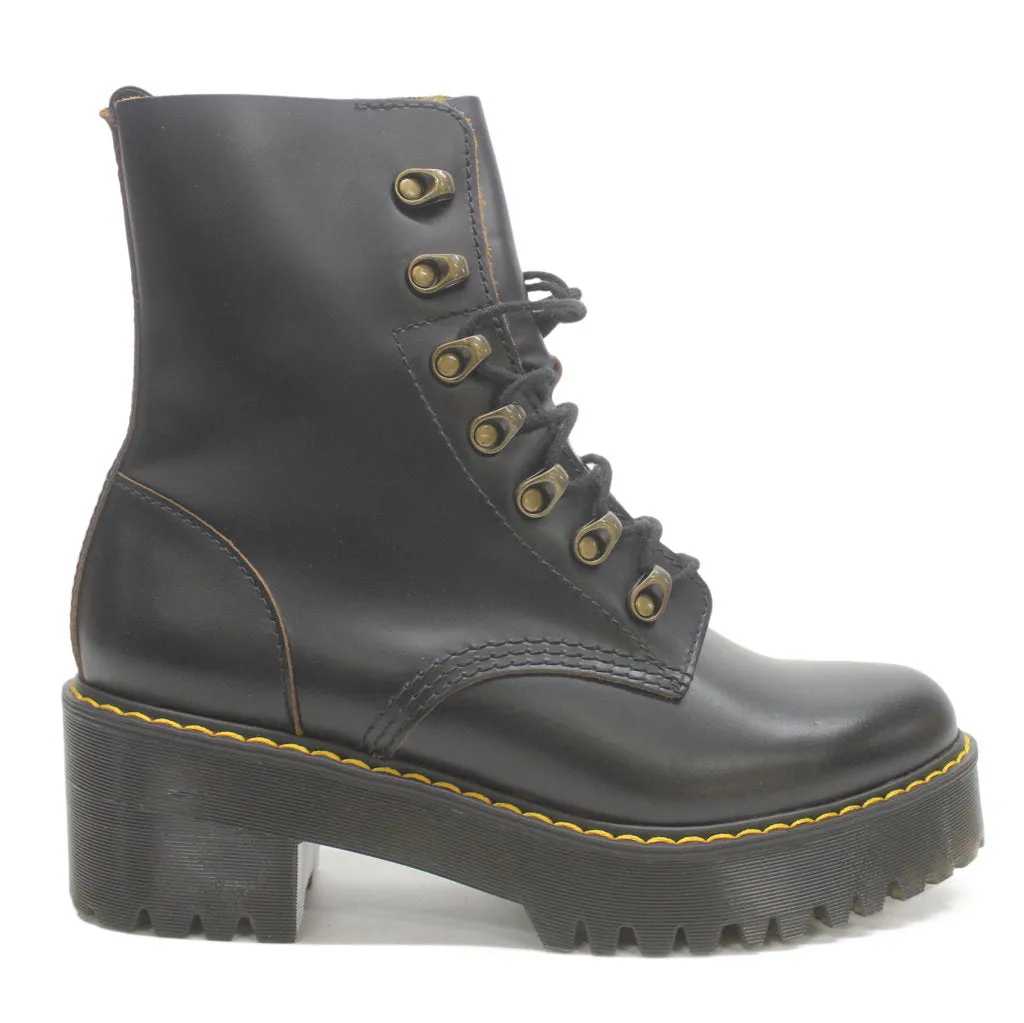 Dr. Martens Dr.Martens Leona 7-Eyelet Black Womens Vintage Smooth Mid Heel Combat Boots - UK 6.5