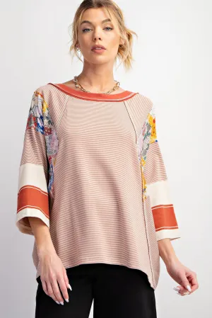 Easel Pin Stripe Top with Mixed Print Design in Cinnamon FINAL SALE