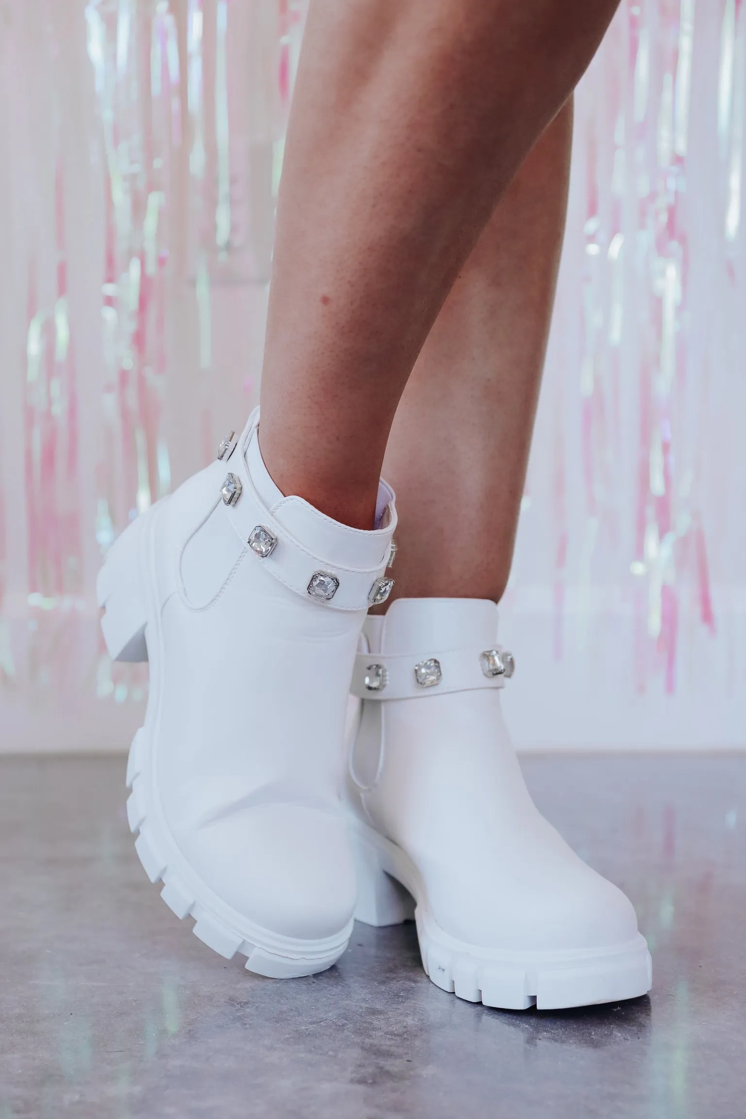Ella Embellished Lug Bootie - White