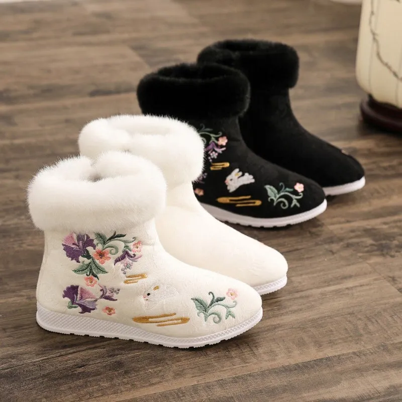 Ethnic Style Embroidered Winter Plush Fur with Zipper Side Ankle Boots