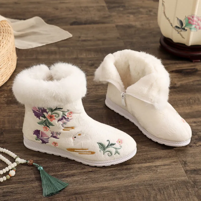 Ethnic Style Embroidered Winter Plush Fur with Zipper Side Ankle Boots