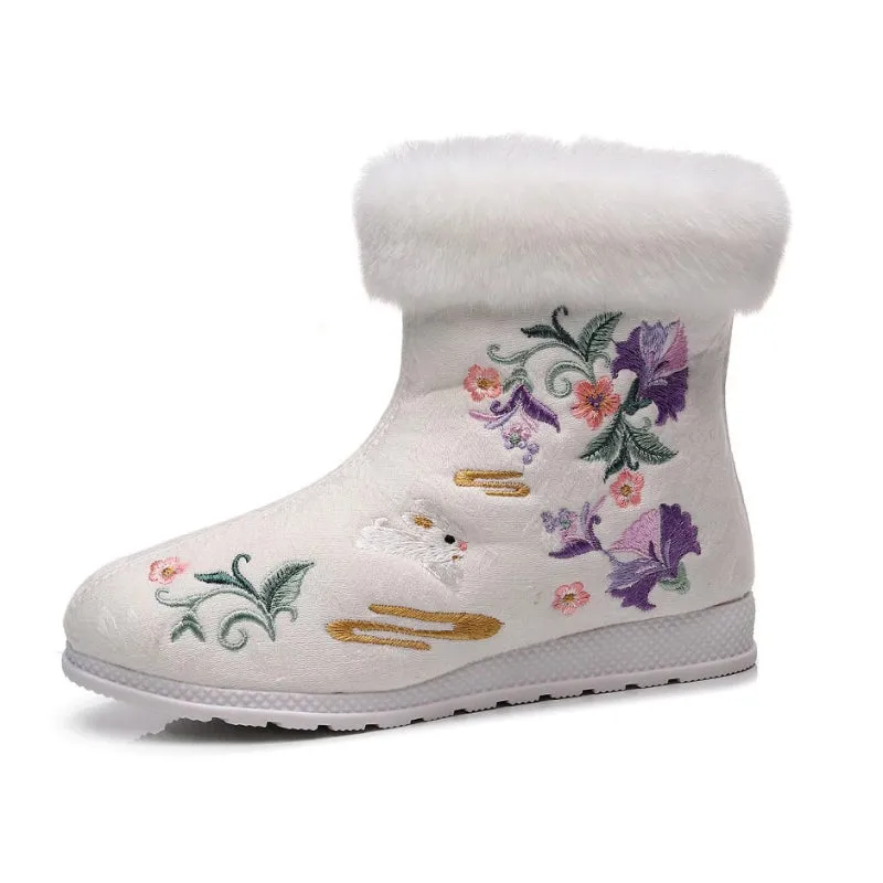 Ethnic Style Embroidered Winter Plush Fur with Zipper Side Ankle Boots