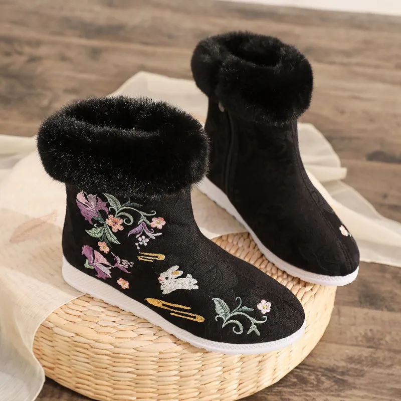 Ethnic Style Embroidered Winter Plush Fur with Zipper Side Ankle Boots