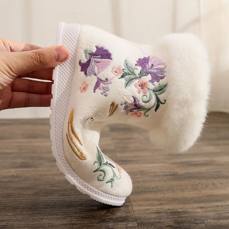 Ethnic Style Embroidered Winter Plush Fur with Zipper Side Ankle Boots