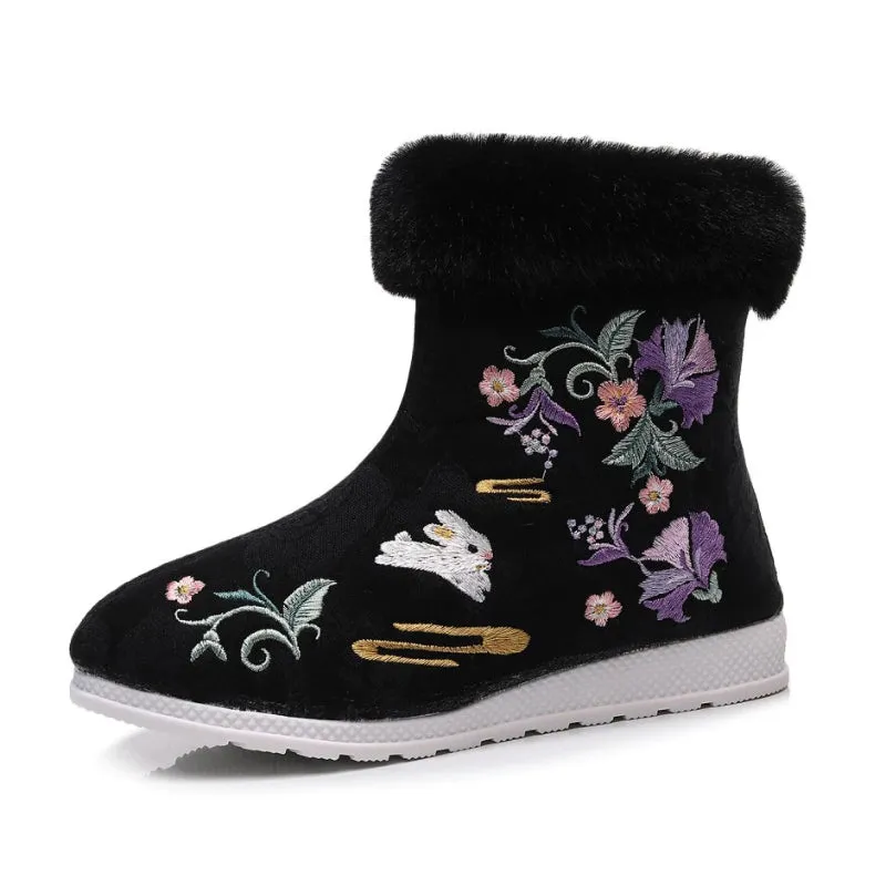 Ethnic Style Embroidered Winter Plush Fur with Zipper Side Ankle Boots