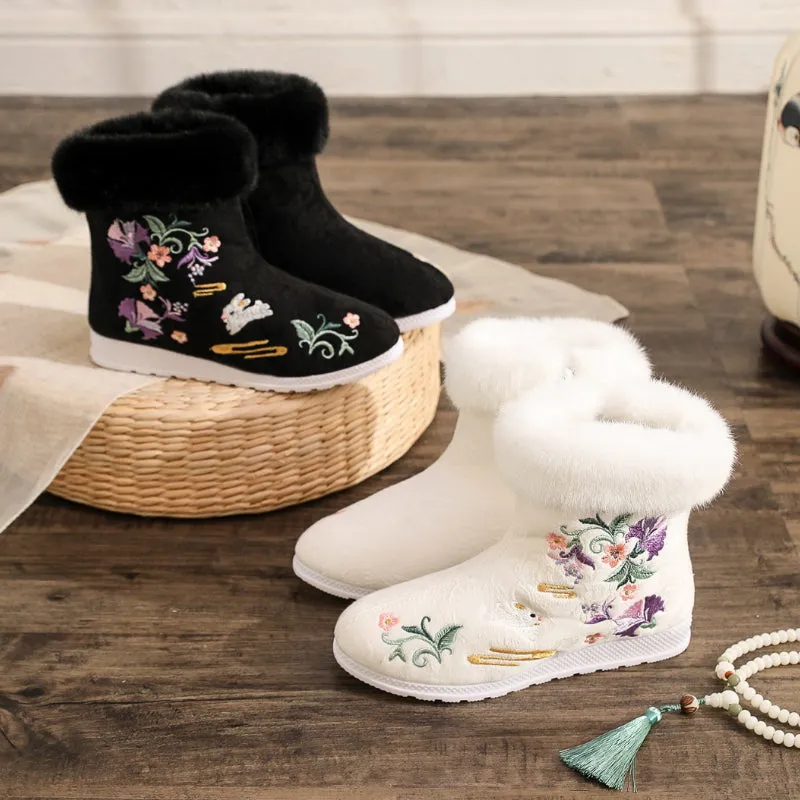 Ethnic Style Embroidered Winter Plush Fur with Zipper Side Ankle Boots