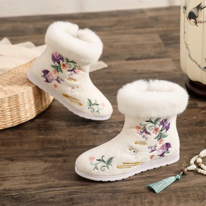 Ethnic Style Embroidered Winter Plush Fur with Zipper Side Ankle Boots