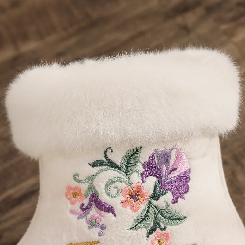 Ethnic Style Embroidered Winter Plush Fur with Zipper Side Ankle Boots