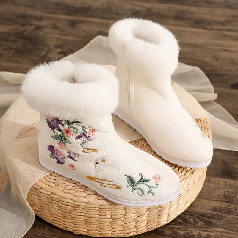 Ethnic Style Embroidered Winter Plush Fur with Zipper Side Ankle Boots