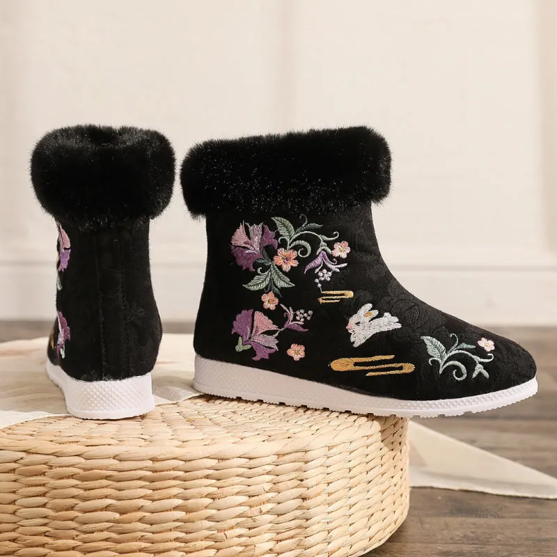 Ethnic Style Embroidered Winter Plush Fur with Zipper Side Ankle Boots