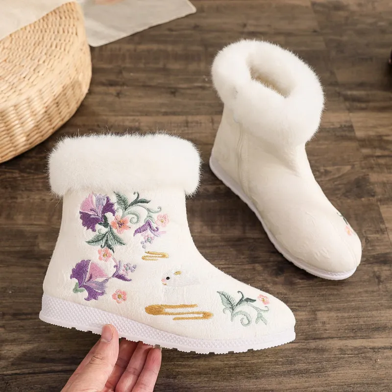 Ethnic Style Embroidered Winter Plush Fur with Zipper Side Ankle Boots