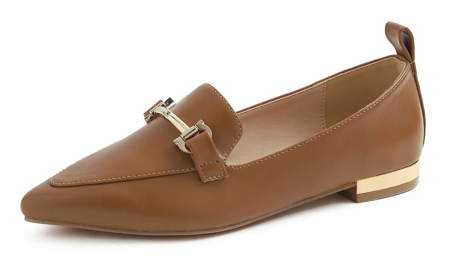 Feversole Women's Loafer Flat Pointed Deco Low Heel Fashion Slip On Dress Driving Office Shoes Vegan Leather Metal Trim