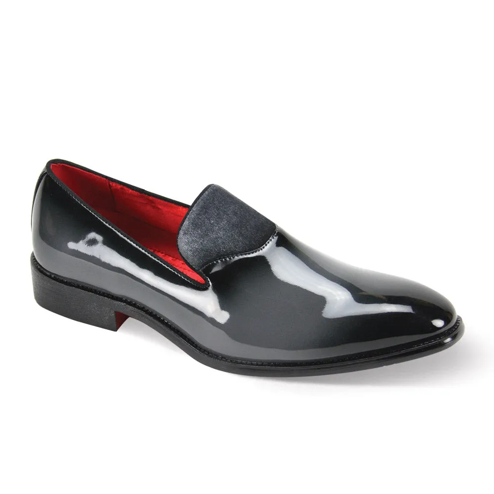 Globe footwear men's grey smokers patent leather shinny shoe with velvet