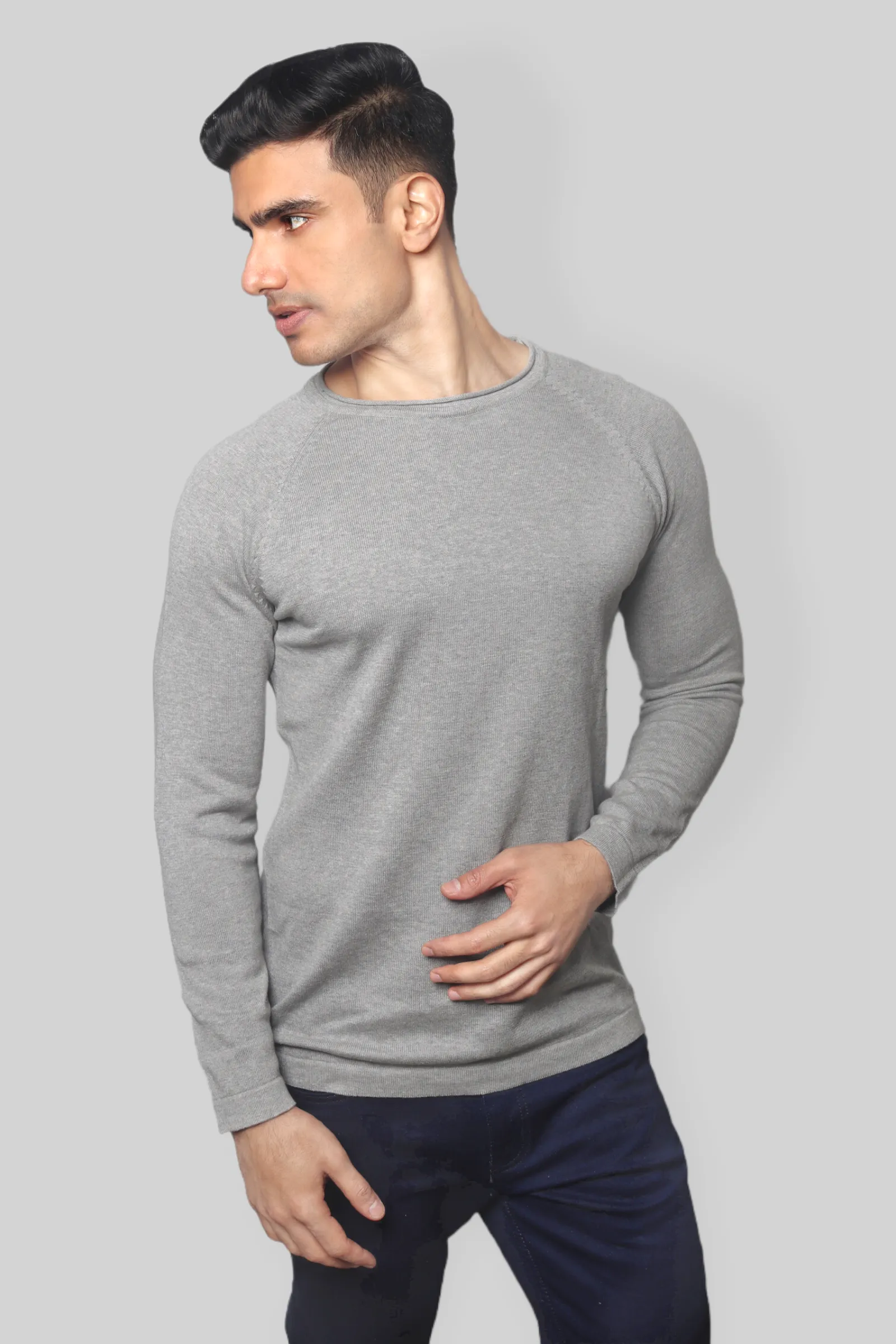 Grey Flat Knit rough neck Full Sleeve T-shirt